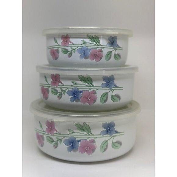 VTG 70s Floral Enamel Storage Bowl Set with Plastic Lids Set of 3 Retro Kitchen - Picture 1 of 9